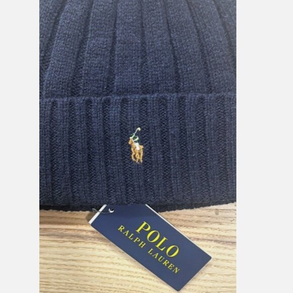 Polo Ralph Lauren Men's Signature Green Pony Wool Blend Rib Knit Cuff Beanie Bl - Picture 5 of 5